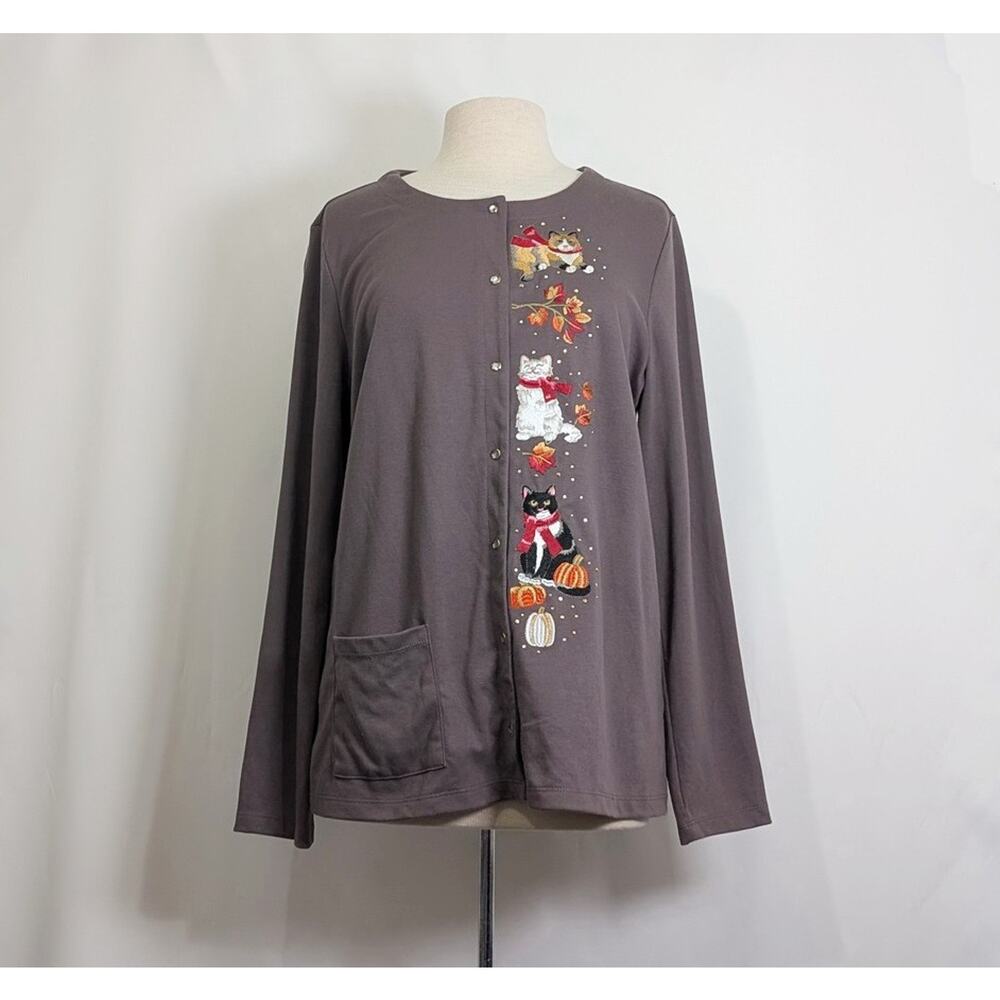 Quacker Factory Cardigan Gray Peek-a-boo Snap Front Fall Cats Women's Size L